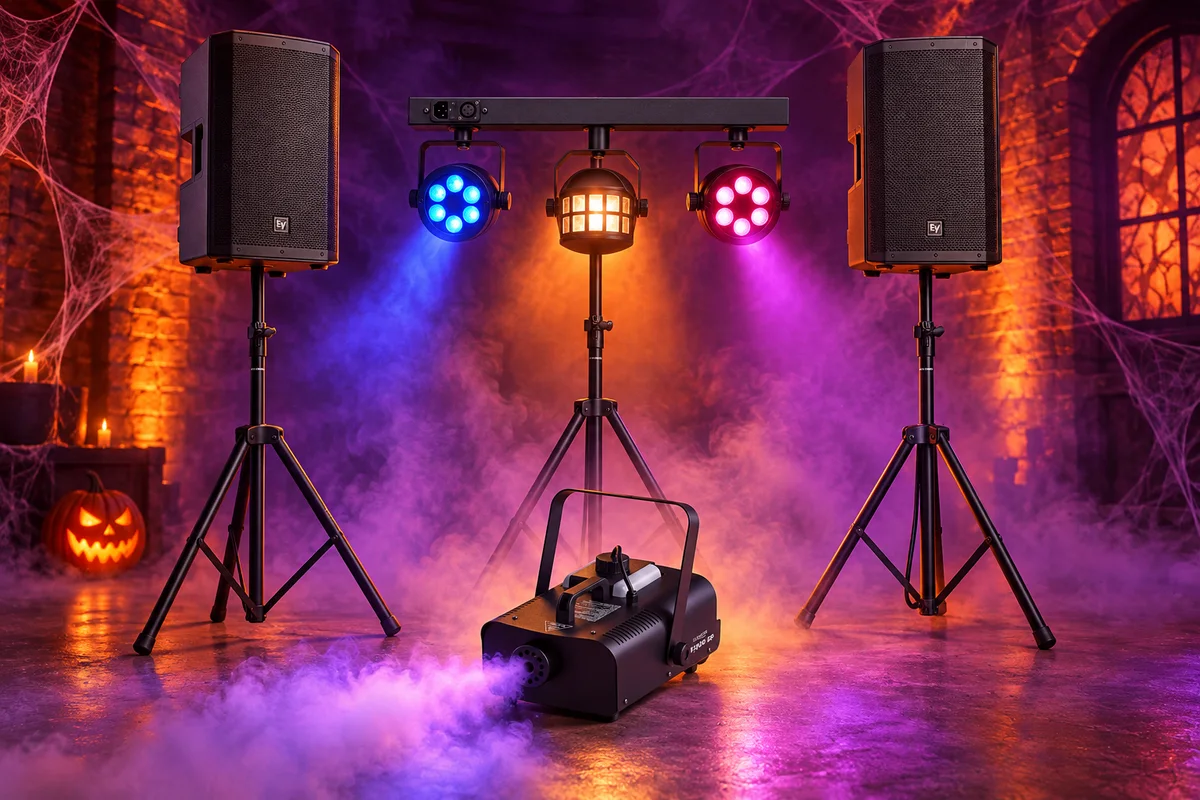 Halloween atmosphere illustration with pumpkins, purple light and fog; decorations are not included