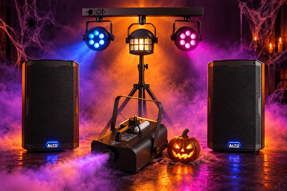 Halloween atmosphere illustration with pumpkins, purple light and fog; decorations are not included