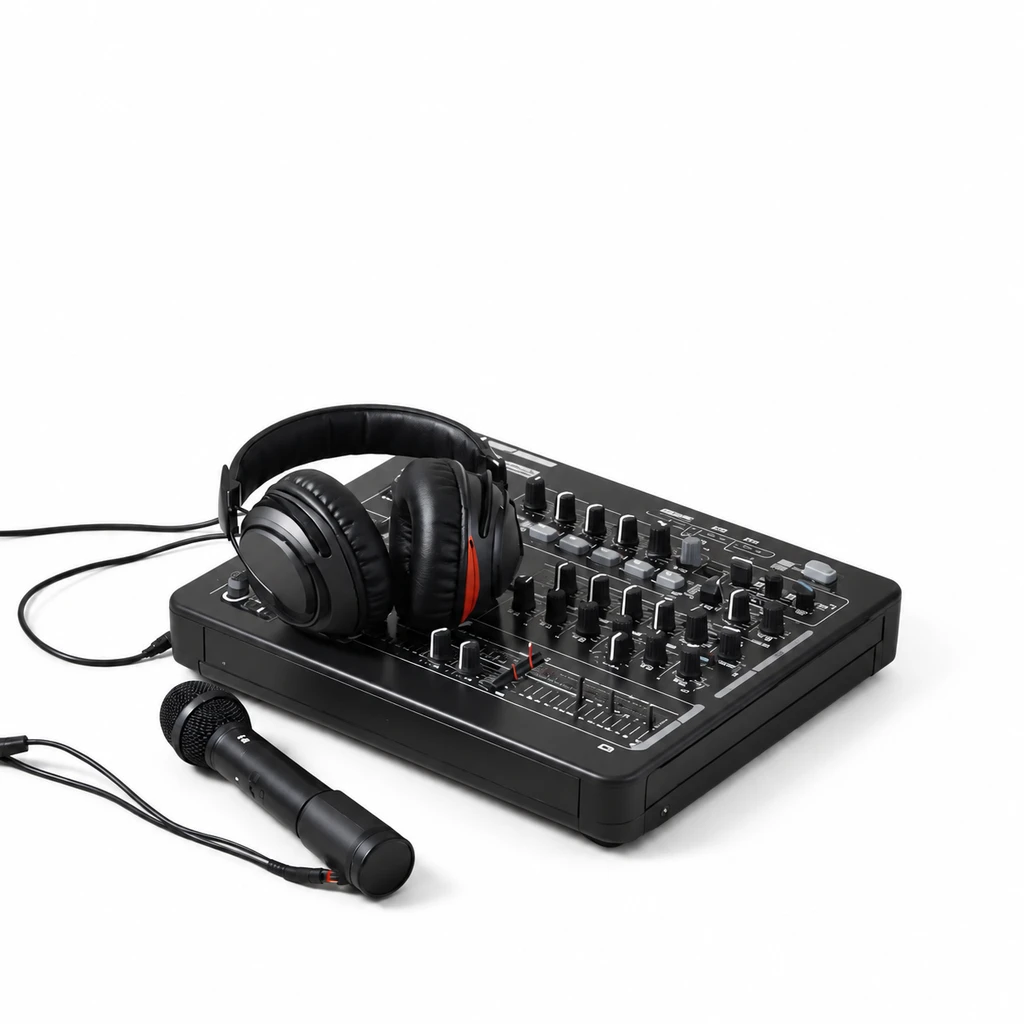 Lydmand: mixer, hovedtelefoner og mikrofon