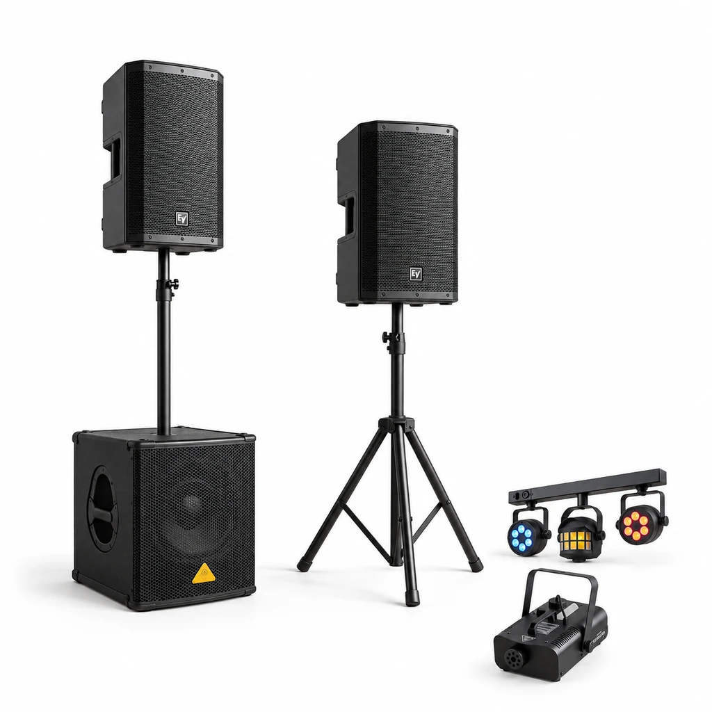 Festpakke 150: to EV 12" højtalere på stativer, 12" subwoofer, lysbar og røgmaskine
