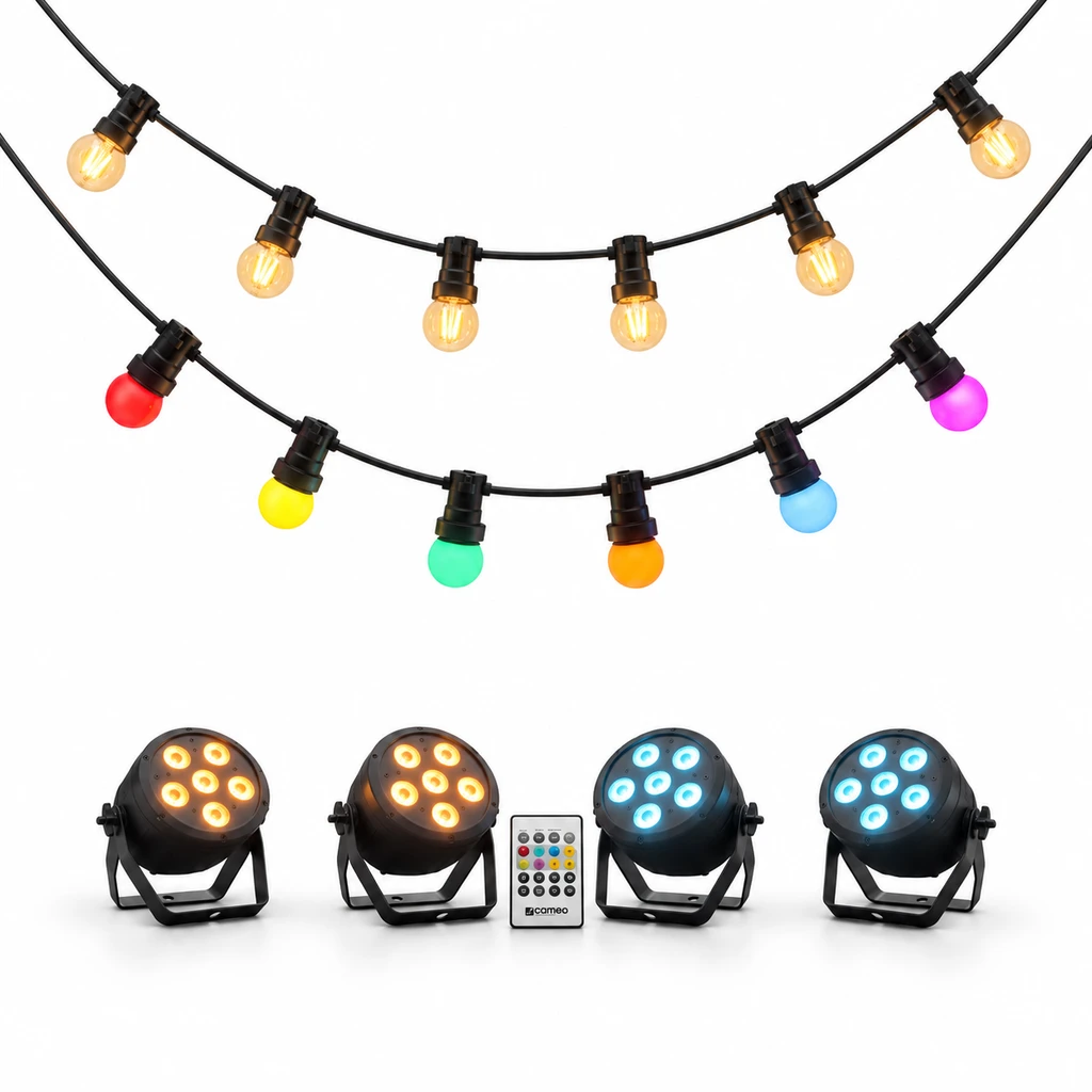 Party tent lights switched on: a warm white string above a coloured string and four LED uplights