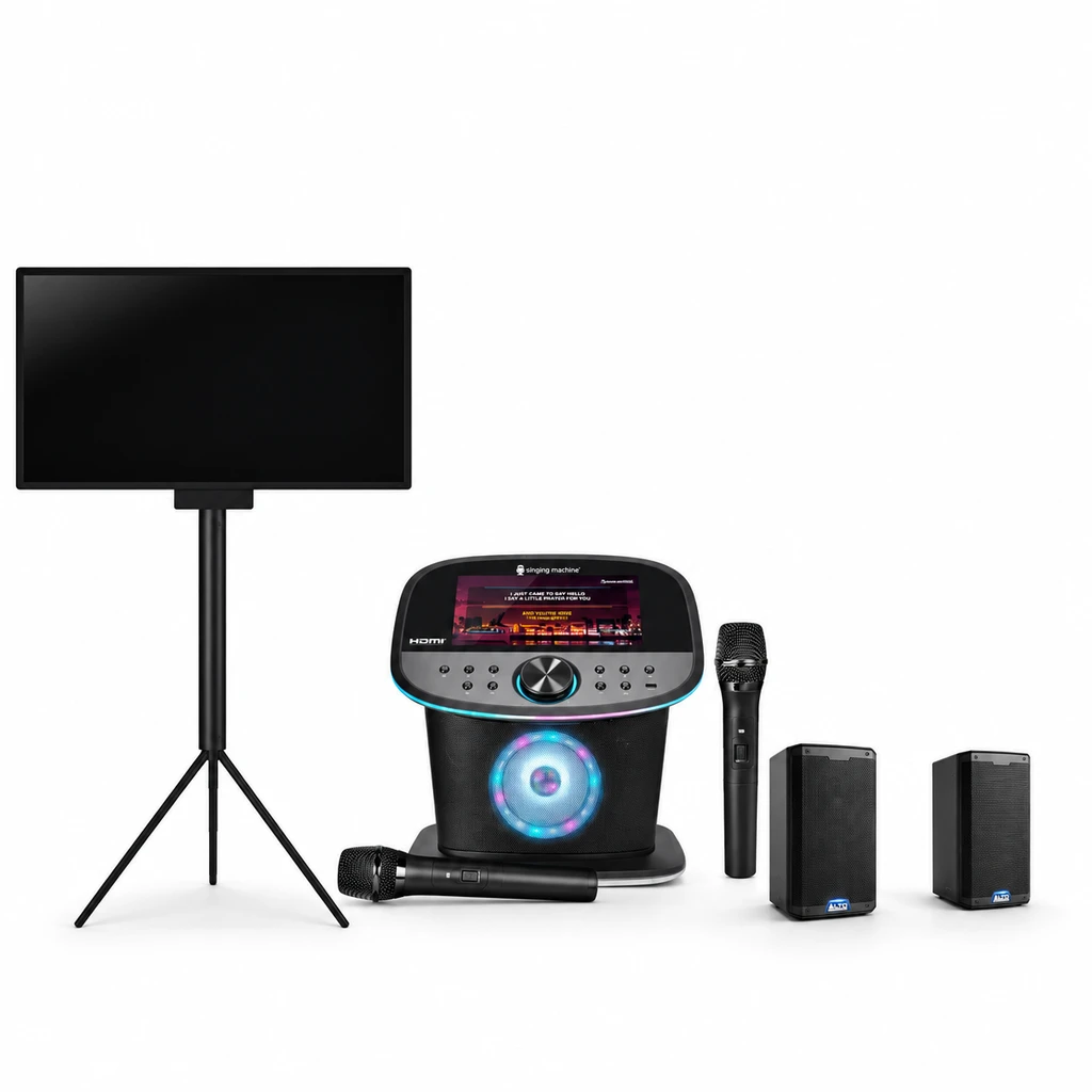 Karaokepakke med maskine, 32" skærm og højtalere til leje